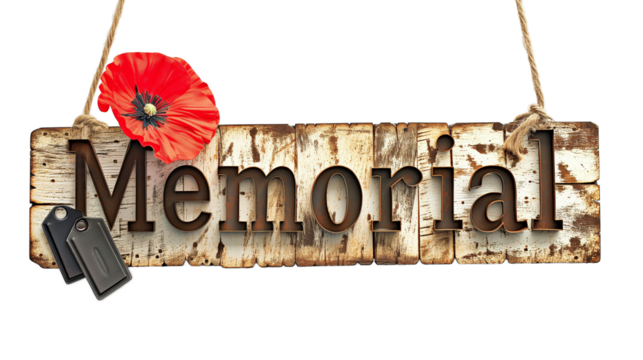 The word Memorial composed of a poppy flower and dog tags isolated on a transparent background  - Powered by Adobe