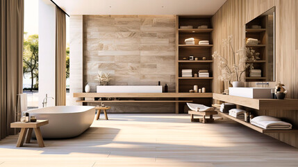 Bathroom Serenity: Modern Interior with Luxurious Design, Clean Fixtures, and Relaxing Ambiance.