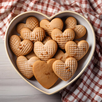 heart shaped cookies on a plate, Heart shaped delicious cookies in a plate with color pastel le glasé . Top view. Valentines day concept.