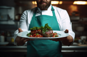 Chef serving oven-seared beef tenderloin steak with peppercorn sauce at the restaurant