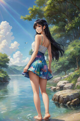 Obraz premium Woman in dress, skirt, sleeveless, barefoot, outdoors, lake, appreciating the sky, landscape