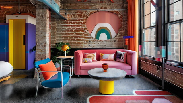 A vibrant boutique hotel that contrasts exposed fine brick walls with pops of vibrant color, playful futuristic furniture, fostering a sense of creativity and dynamism