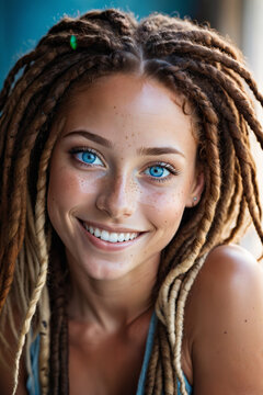 beautiful lady with freckles, big smile, blue eyes, dreadlocked hair, dark makeup,
