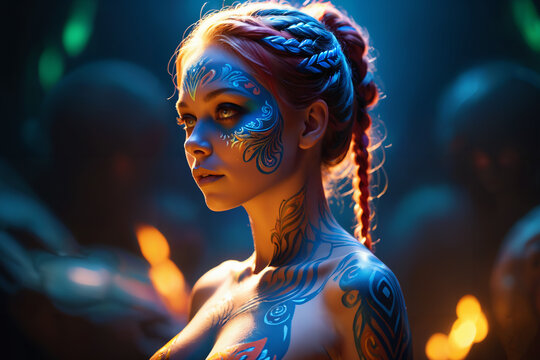 young body paint of bold colors and intricate designs, body canvas art,