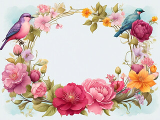 Card mockup with frame with flowers floral composition and birds. Copy space.
