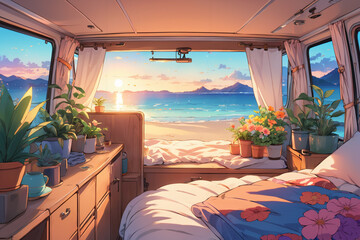 interior of a cozy motorhome, comfortable bed and a warm blanket, plants, flowers, decoration, view from behind on a quiet beach, sunrise, peaceful colors, anime style illustration, beach - obrazy, fototapety, plakaty