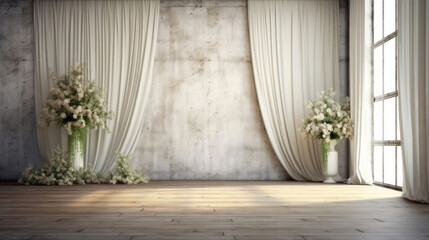 Elegance meets simplicity in this captivating empty room with a graceful curtain backdrop, offering a versatile photo setting