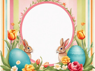 Naklejka na ściany i meble Retro card with frame. Cute rabbits with flowers and colorful eggs. Spring holiday, Happy Easter concept. Copy space.