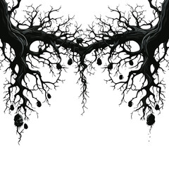 Naklejka premium tree, nature, vector, illustration, silhouette, branch, leaf, design, plant, floral, black, flower, art, drawing, decoration, pattern, spring, bird, element, season, frame, forest, leaves, old, trunk,