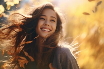 Fototapeta premium Portrait of a happy relaxed woman enjoying autumn with dry fallen leaves and sunlight in the background