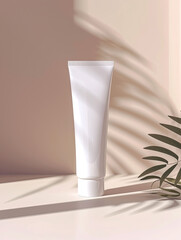 Blank skincare tube with plant on minimalist background