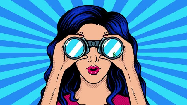 Girl with binoculars looking for money. Video animation. Hand drawn in a cartoon style. High quality 4k footage