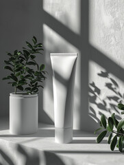 Blank skincare tube with plant on minimalist background