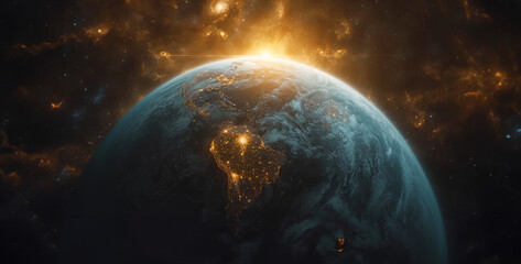 View of the planet Earth from space during a sunrise 3D rendering