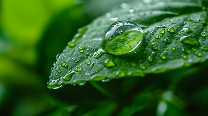 Close-up capture of a drop of water on a leaf in an expression of nature's grandeur. Drop of water in a graceful forest with a blurred background.