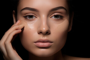 Young woman applying beige concealer on facial skin, advertising foundation