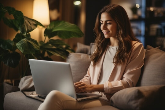 Relax, laptop and credit card, happy woman on couch in living room for internet banking in home for online shopping. Ecommerce payment, smile and cashback, girl on sofa with computer and website sale 