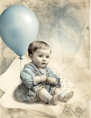 Fototapeta premium Portrait of a little boy cute baby old paper, vintage junk journal digital paper