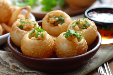 Pani Puri, hollow crispy balls filled with tangy tamarind water - obrazy, fototapety, plakaty