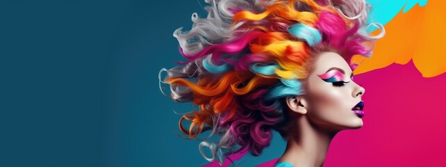Portrait of a hair died young girl or woman with multicolored hair on bright pink and yellow...