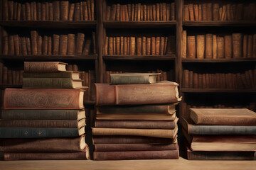 An Old ancient books, historical books. Collection of human knowledge concept. Wide-format design.