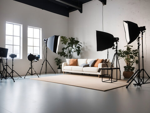 A modern studio room for shooting photos and video design.