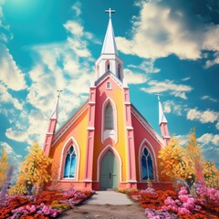 a exterior view of church with colors vivids