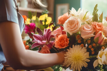 The hands of a professional florist create a colourful floral bouquet