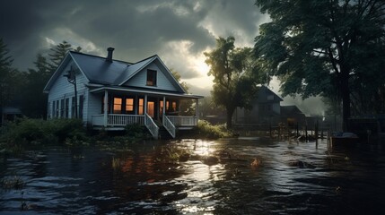 Flooded house in countryside. Landscape with dark dramatic cloudy sky.