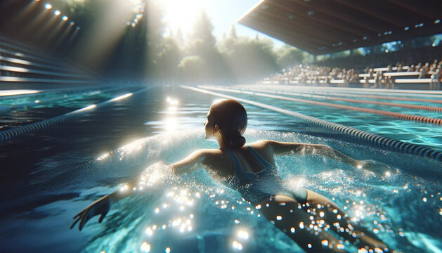 girl swimming in an Olympic pool on a sunny day