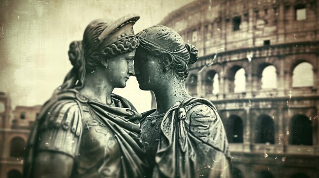 plaster couple in love kissing in front of the Roman coliseum