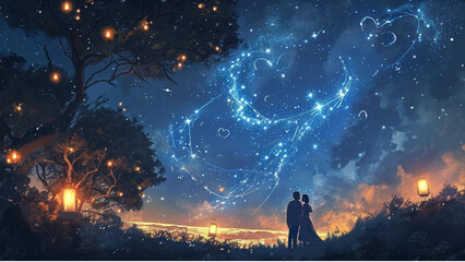  starry night sky with constellations forming shapes of intertwined hearts
