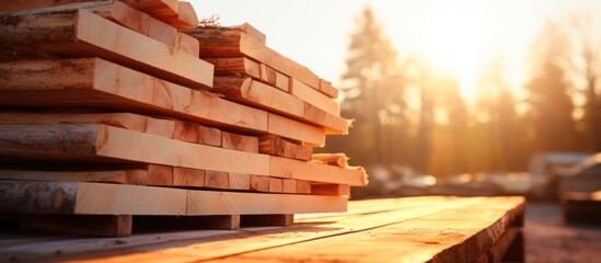 Close-up view of stacked pine tree planks with bark in a sunny outdoor setting. Warehouse with wood waste from sawmill production. Soft focus. Copy space. Focus on lumber industry. - obrazy, fototapety, plakaty