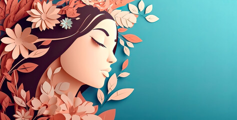 Paper style illustration of a woman's face with flowers and leaves