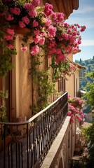 Fototapeta na wymiar Hobby and recreation, beautiful balcony or terrace decorated with various flowers in pots