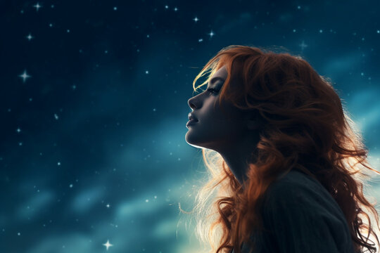 Sad female profile on stars sky background, toned image 