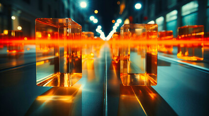 Obraz premium Cityscape Motion: Nighttime Urban Road with Blurred Lights, Creating an Abstract and Futuristic Atmosphere.Cityscape Motion: Nighttime Urban Road with Blurred Lights