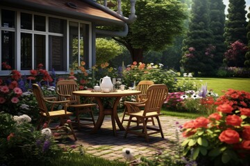 Obraz premium Table with chairs in the summer garden of a country house, summer vacation, flower bushes and green lawn