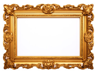 Gold frame for a picture in a classic baroque style on a white blank background