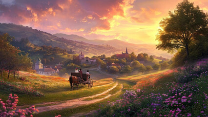 countryside landscape with rolling hills and a quaint village. Showcase couples in horse-drawn carriages, taking a leisurely ride through flower-strewn paths, with the soft hues of a setting sun.