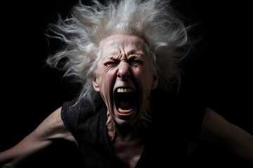 Screaming senior woman, mental health and depression from bipolar anxiety, stress and scary fear on black background. Schizophrenia, psychology and crazy person shout, drugs problem and epilepsy risk 