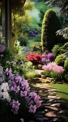 Fototapeta na wymiar Beautiful summer garden with flowers, bushes and stone path to the house, summer vacation