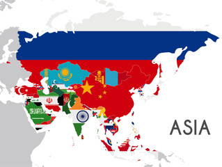 Political Asia Map vector illustration with the flags of all countries. Editable and clearly labeled layers.