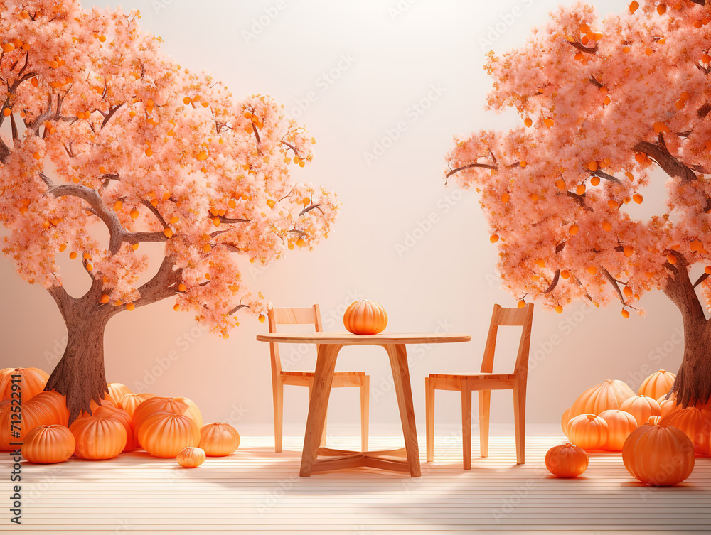 Wall mural photo wooden table orange garden and blurred background