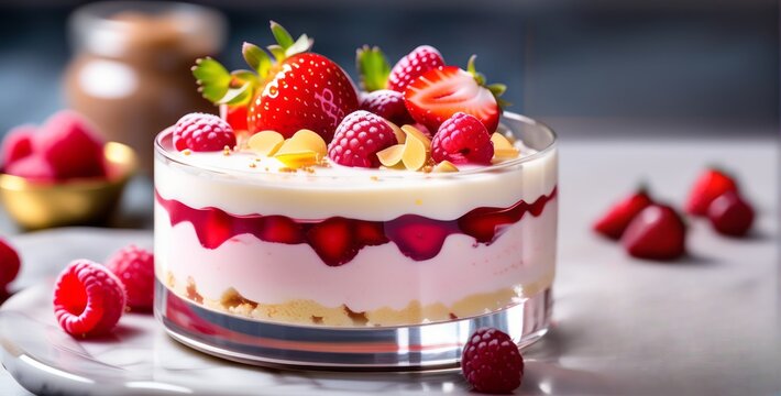 Berry dessert, cheesecake, trifle, mouse in a glass.. Dessert in glasses with fresh strawberries, whipped cream and biscuit. romentic Healthy food, vegan food. sugar, gluten and lactose free homemad. 