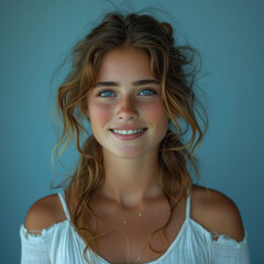 Close-up portrait of a teenage girl in a white blouse