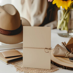 a beige mockup card with fathers hat on a table with fathers things