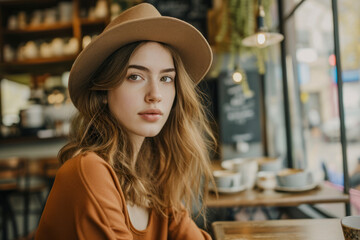 Hat mockup in a cafe, a chic image featuring a hat worn by a woman model in a stylish cafe setting.
