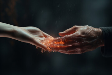Semi-transparent man's hand on a woman's hand as a sign of farewell by separation