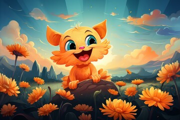 Happy Cartoon Kitty Holding Colorful Flower in Close Up View - Cute Cartoon Style Illustration